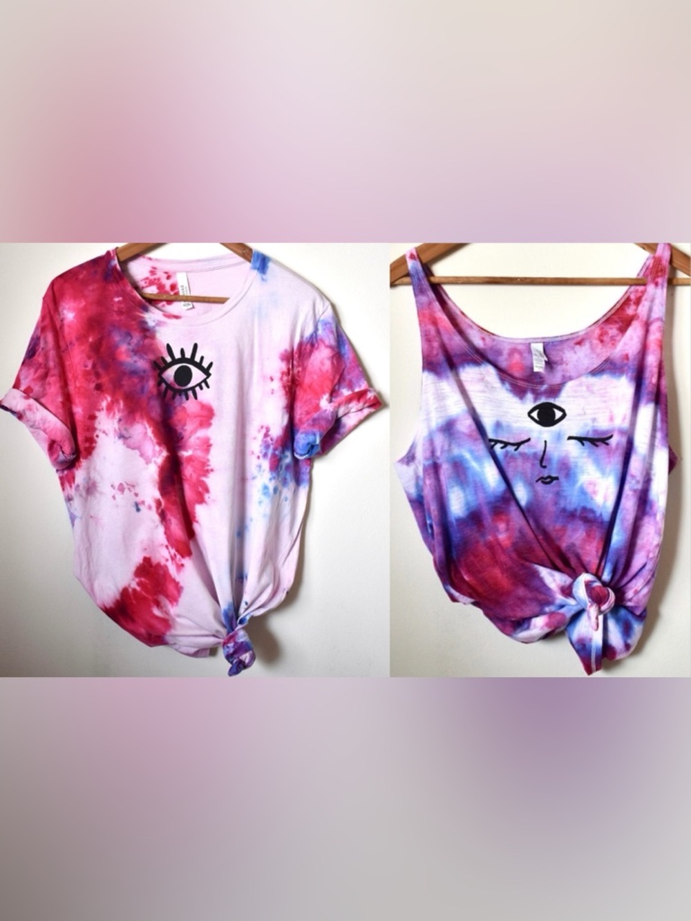 Lot of 2 Boho Hippie Tank & Tee Block Print Pink Purple Blue Tie Dye Third Eye L